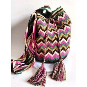 Large Boho Teal Pink Cream Chevron Crossbody Bag Tassels Fringe Modern Tribal